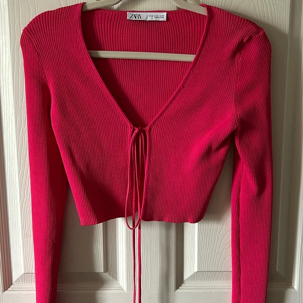 Zara Women’s Fuchsia Summer Ribbed Cropped Tie‎ Top Size Med NWOT